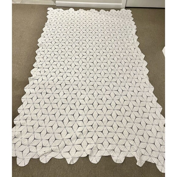 Vintage Crochet Coverlet Bedspread Star Popcorn Pinwheel Ecru Handmade Boho - Picture 1 of 8